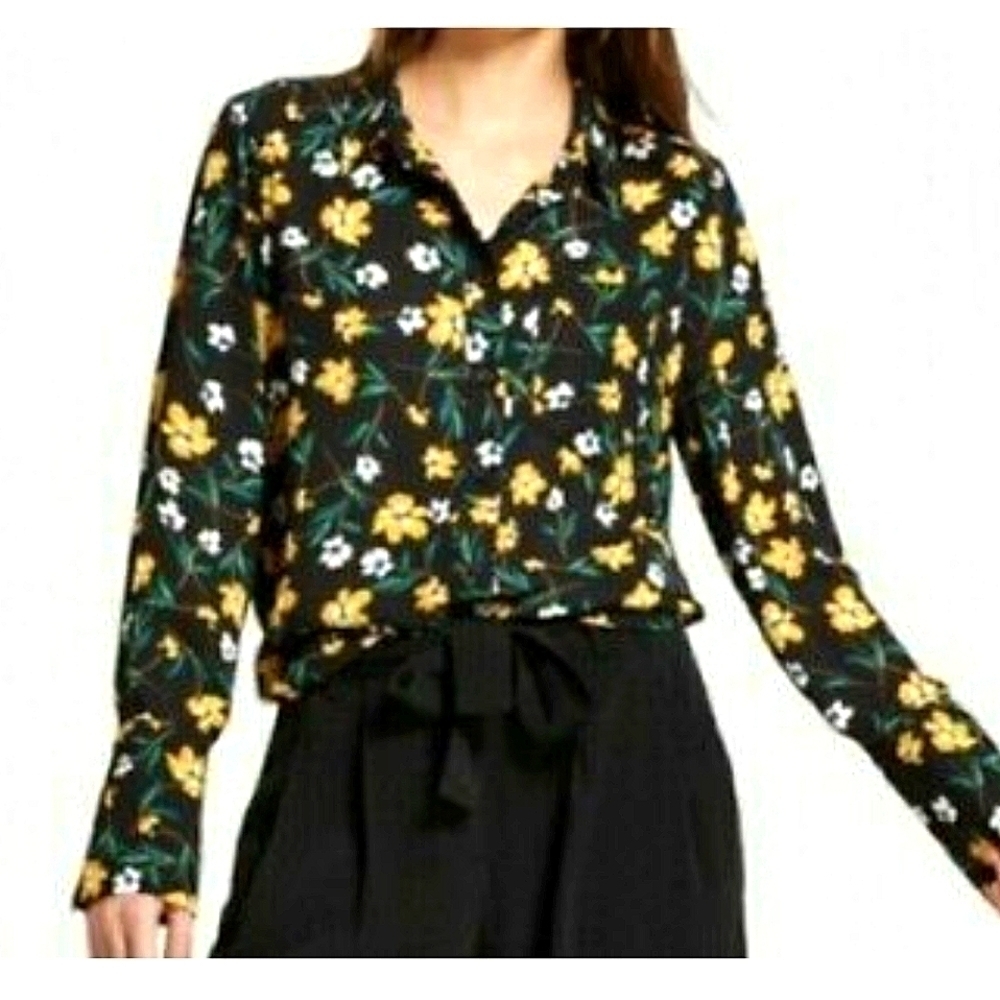 WHO What Wear Black Floral Button Down Blouse S Office Work Brunch